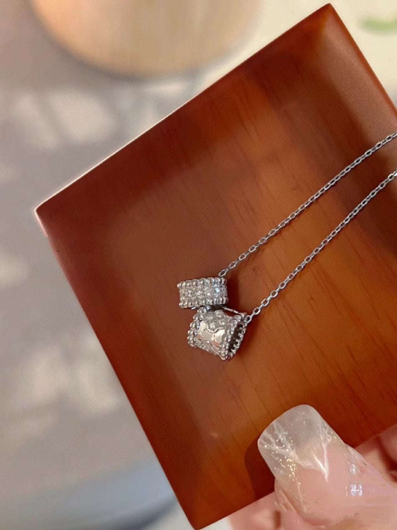 [Olivia JW]PERLEE DOUBLE PENDANT SILVER DIAMOND NECKLACE