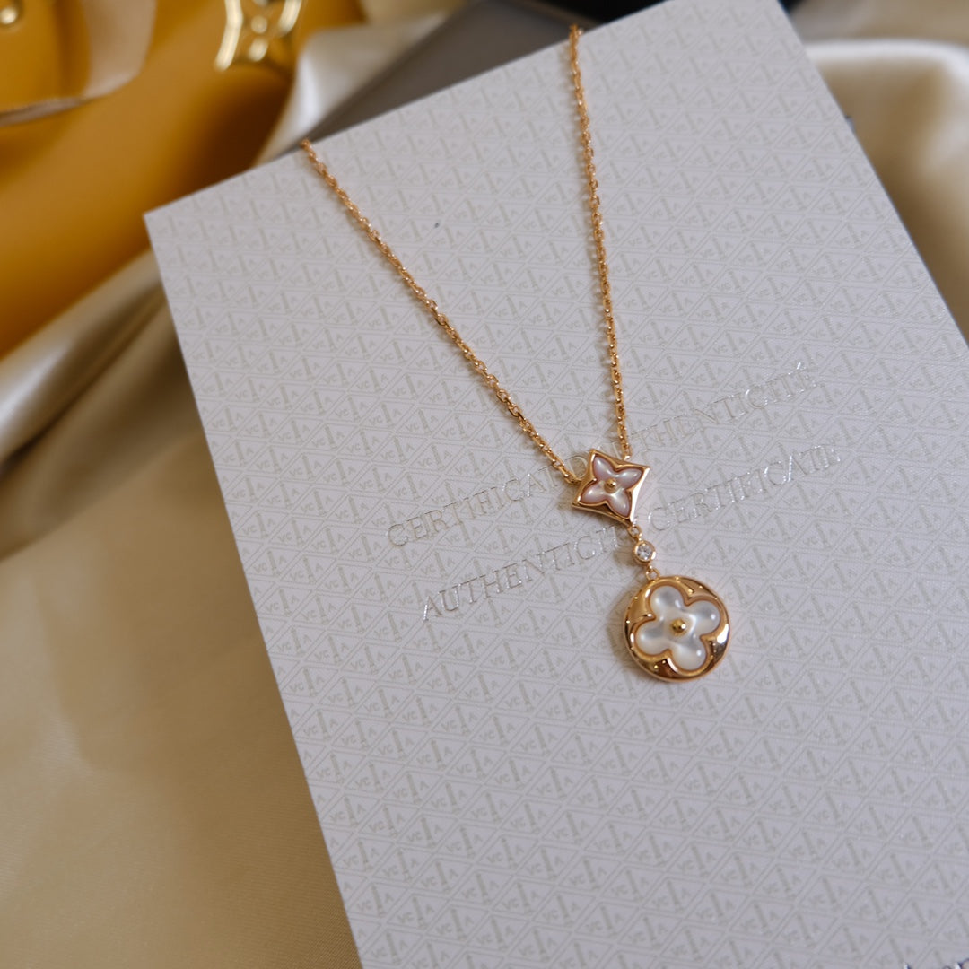 [Olivia JW]STAR AND SUN WHITE MOP 2 MOTIF PINK GOLD NECKLACE