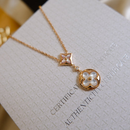 [Olivia JW]STAR AND SUN WHITE MOP 2 MOTIF PINK GOLD NECKLACE