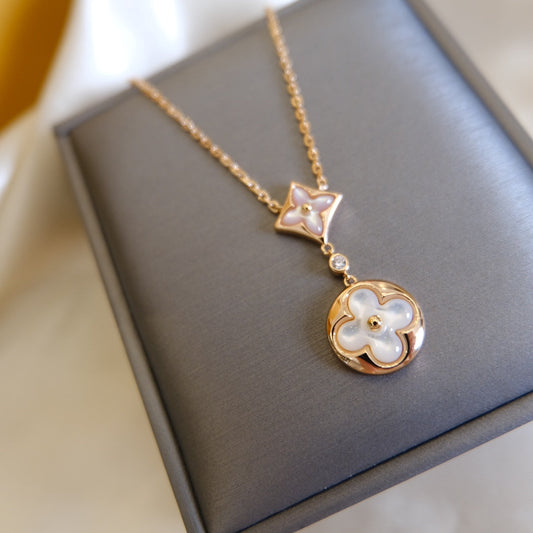[Olivia JW]STAR AND SUN WHITE MOP 2 MOTIF PINK GOLD NECKLACE
