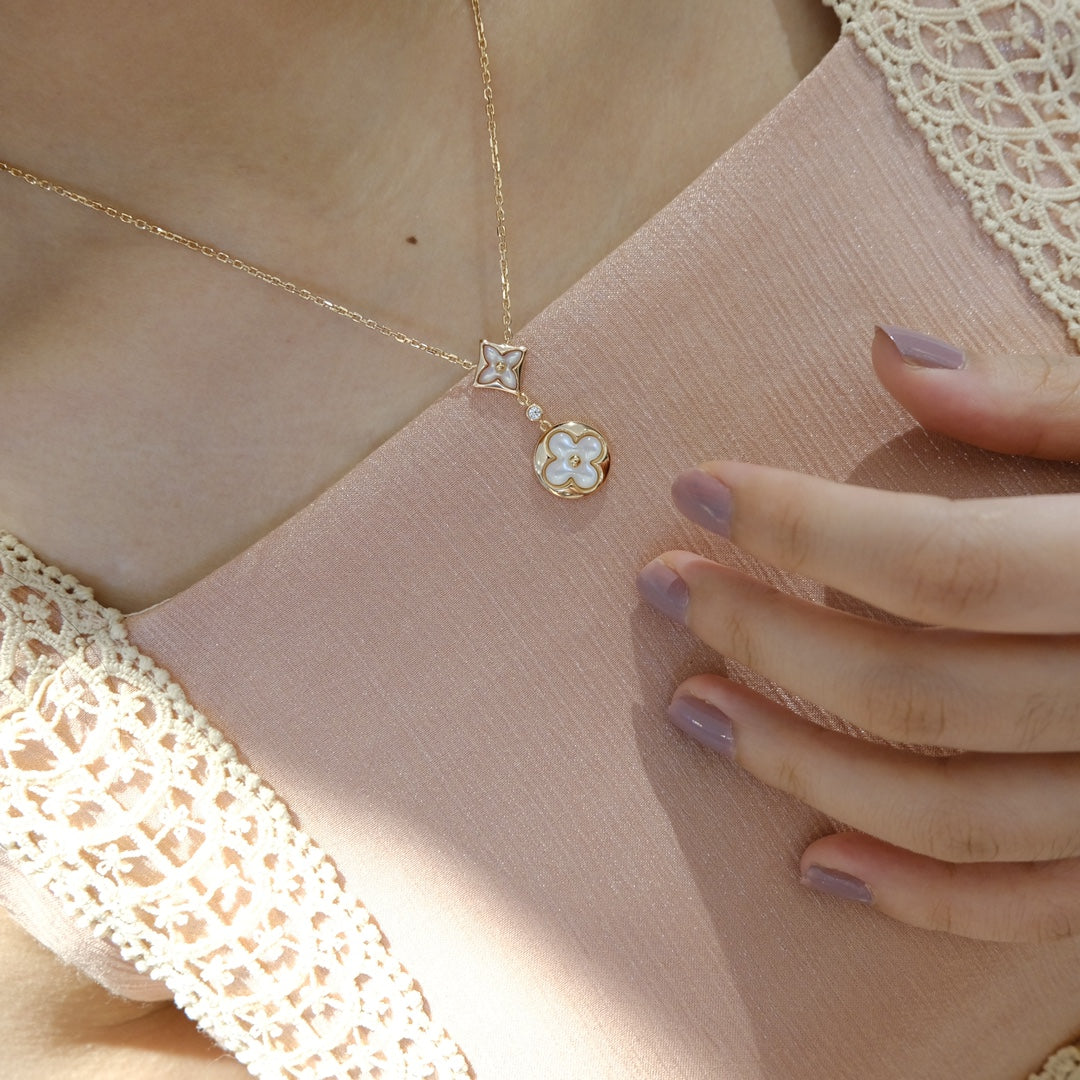 [Olivia JW]STAR AND SUN WHITE MOP 2 MOTIF PINK GOLD NECKLACE