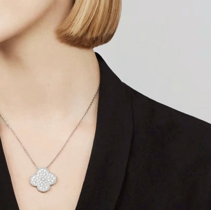 [Olivia JW]CLOVER 25MM LARGE PENDANT DIAMOND PAVED SILVER NECKLACE