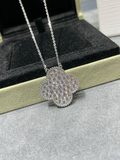[Olivia JW]CLOVER 25MM LARGE PENDANT DIAMOND PAVED SILVER NECKLACE