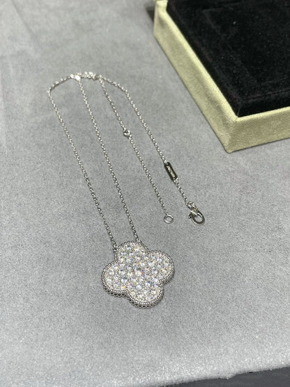 [Olivia JW]CLOVER 25MM LARGE PENDANT DIAMOND PAVED SILVER NECKLACE