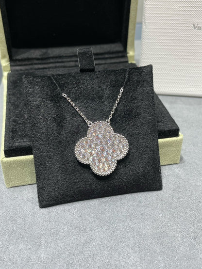 [Olivia JW]CLOVER 25MM LARGE PENDANT DIAMOND PAVED SILVER NECKLACE