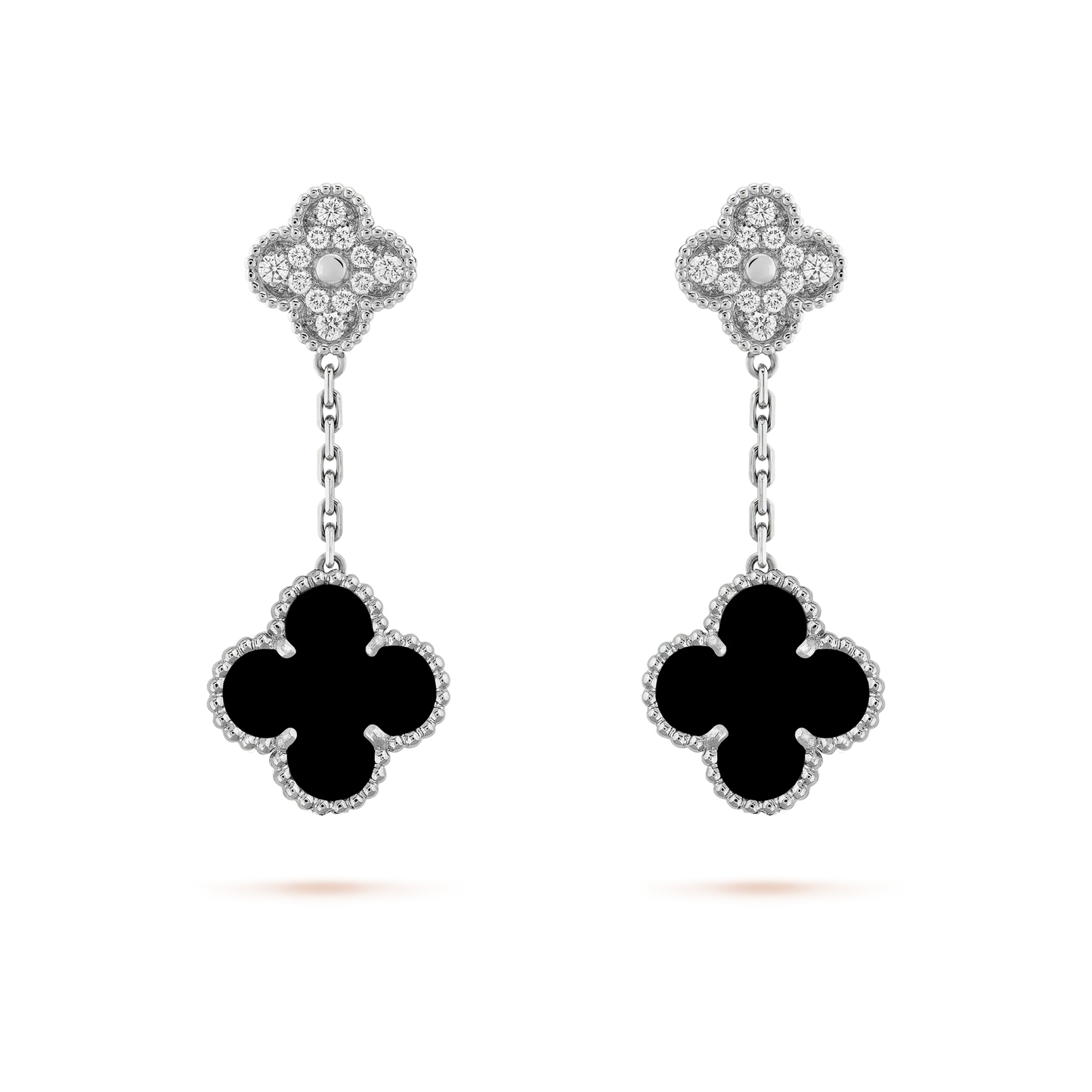 [Olivia JW]CLOVER 2 MOTIFS  DIAMOND ONYX EARRINGS SILVER