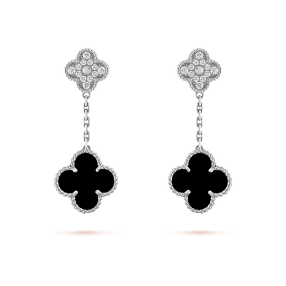 [Olivia JW]CLOVER 2 MOTIFS  DIAMOND ONYX EARRINGS SILVER