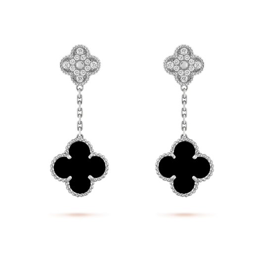 [Olivia JW]CLOVER 2 MOTIFS  DIAMOND ONYX EARRINGS SILVER