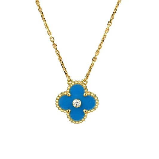 [Olivia JW]CLOVER 15MM DIAMOND AND BLUE AGATE NECKLACE