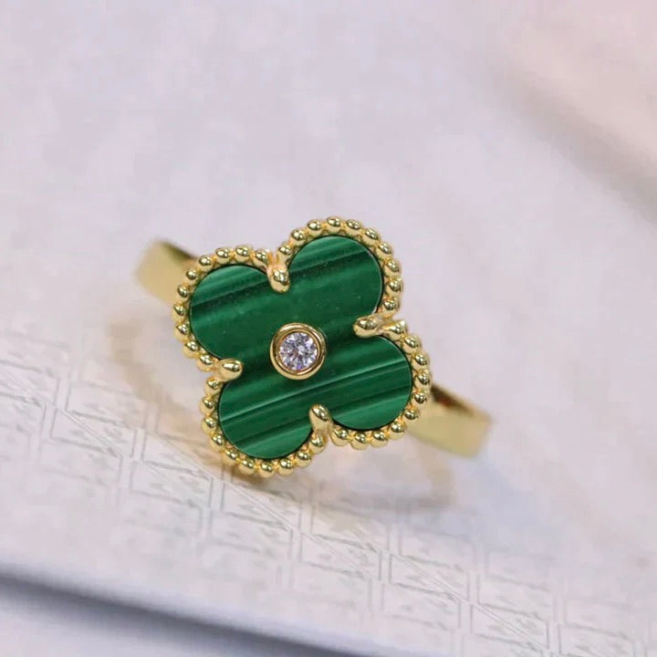 [Olivia JW]CLOVER MALACHITE RING GOLD DIAMOND