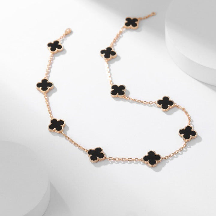 [Olivia JW]CLOVER 10 MOTIFS ONYX NECKLACE