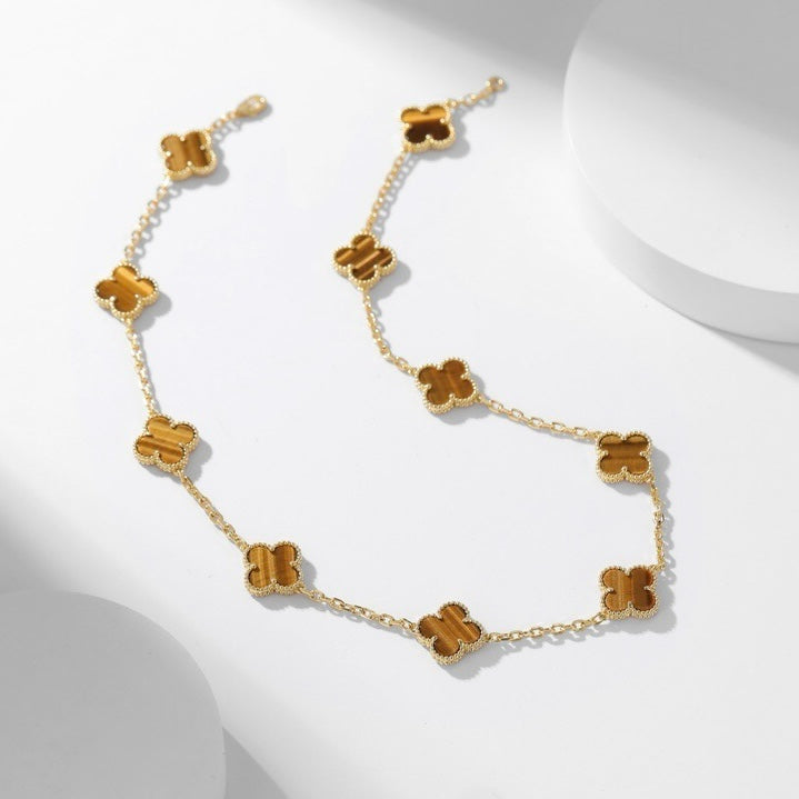 [Olivia JW]CLOVER 10 MOTIFS TIGER EYE NECKLACE
