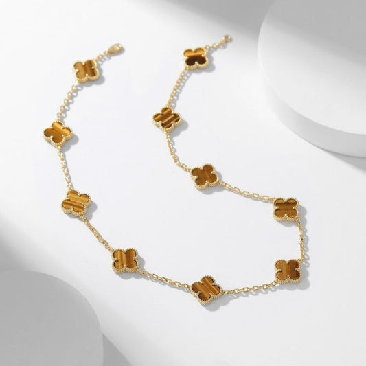 [Olivia JW]CLOVER 10 MOTIFS TIGER EYE NECKLACE