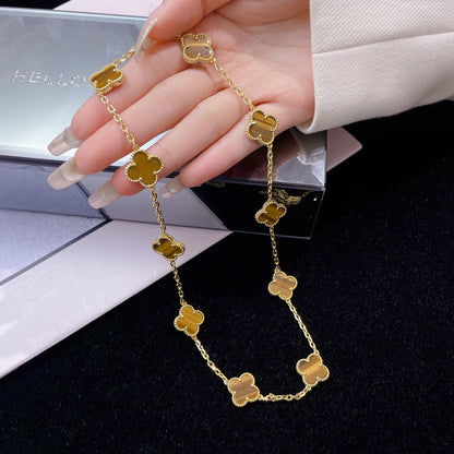 [Olivia JW]CLOVER 10 MOTIFS TIGER EYE NECKLACE