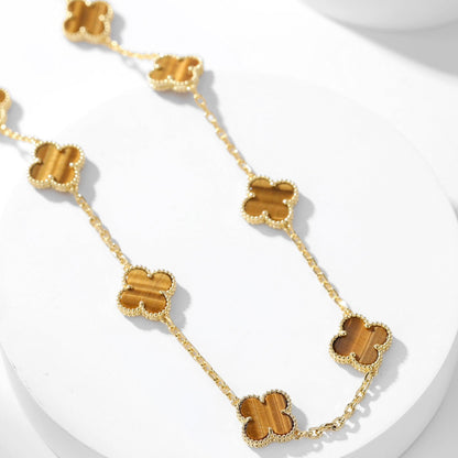 [Olivia JW]CLOVER 10 MOTIFS TIGER EYE NECKLACE