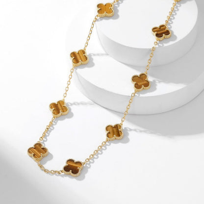 [Olivia JW]CLOVER 10 MOTIFS TIGER EYE NECKLACE