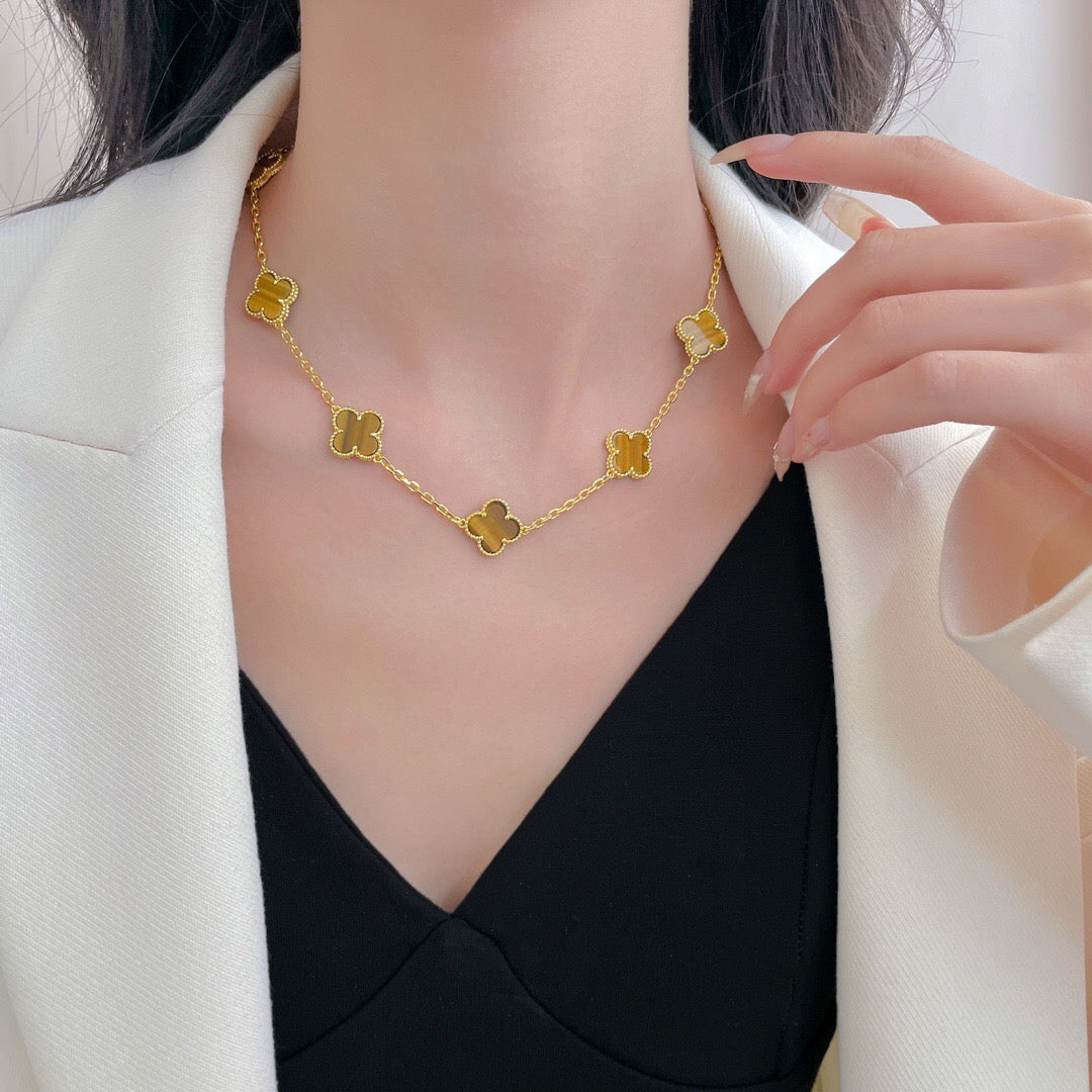 [Olivia JW]CLOVER 10 MOTIFS TIGER EYE NECKLACE