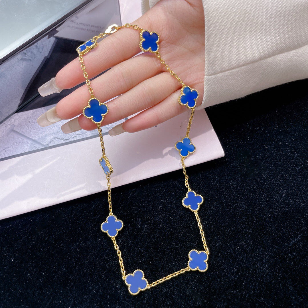 [Olivia JW]CLOVER 10 MOTIFS BLUE AGATE NECKLACE
