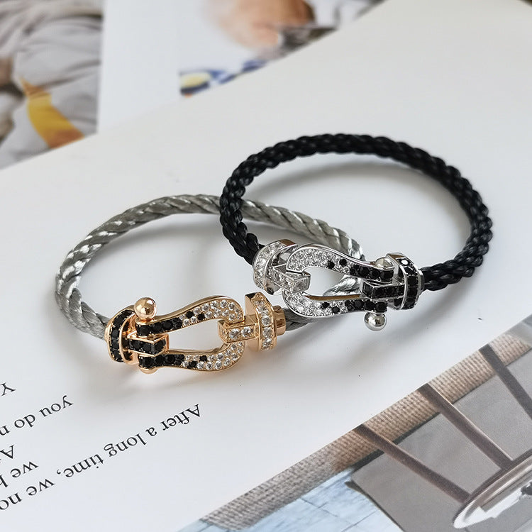 [Olivia JW]FORCE LARGE HORSESHOE BLACK WHITE DIAMOND BRACELET SILVER