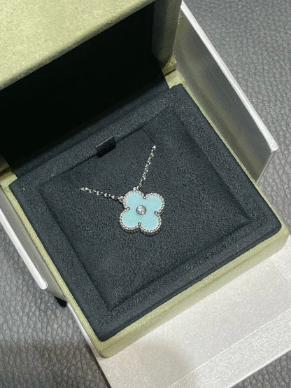 [Olivia JW]CLOVER 1 DIAMOND LIGHT BLUE SILVER NECKLACE