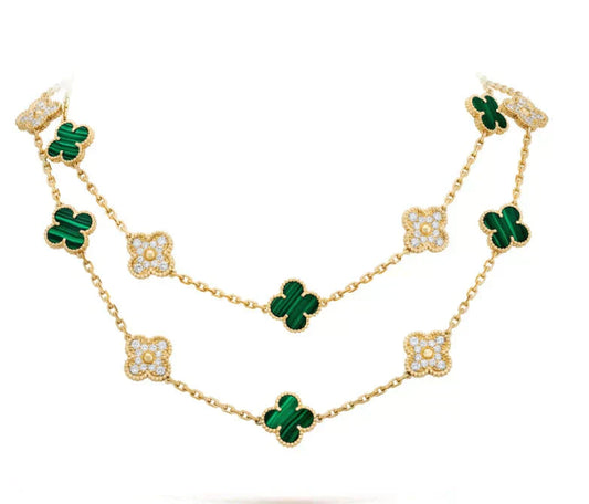 [Olivia JW]CLOVER 20 MOTIFS MALACHITE DIAMOND NECKLACE