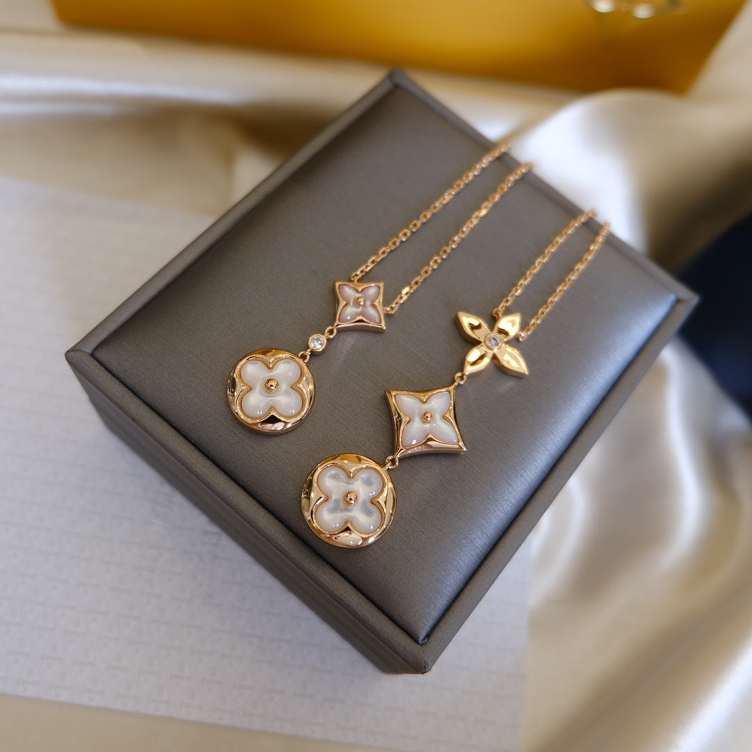 [Olivia JW]COLOR BLOSSOM LARIAT NECKLACE PINK GOLD WHITE MOTHER PEARL AND DIAMOND