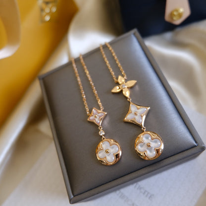 [Olivia JW]COLOR BLOSSOM LARIAT NECKLACE PINK GOLD WHITE MOTHER PEARL AND DIAMOND