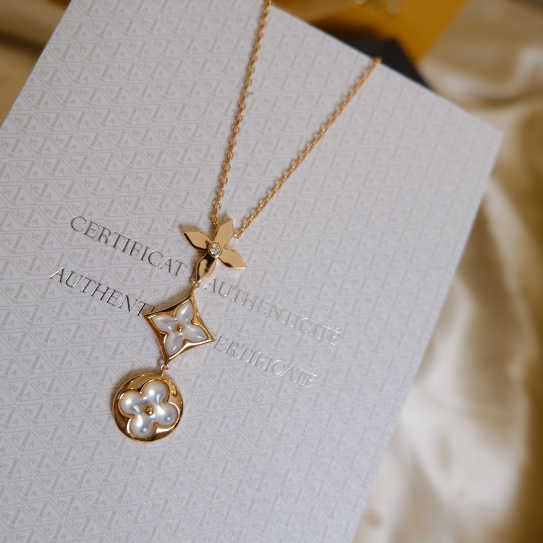 [Olivia JW]COLOR BLOSSOM LARIAT NECKLACE PINK GOLD WHITE MOTHER PEARL AND DIAMOND