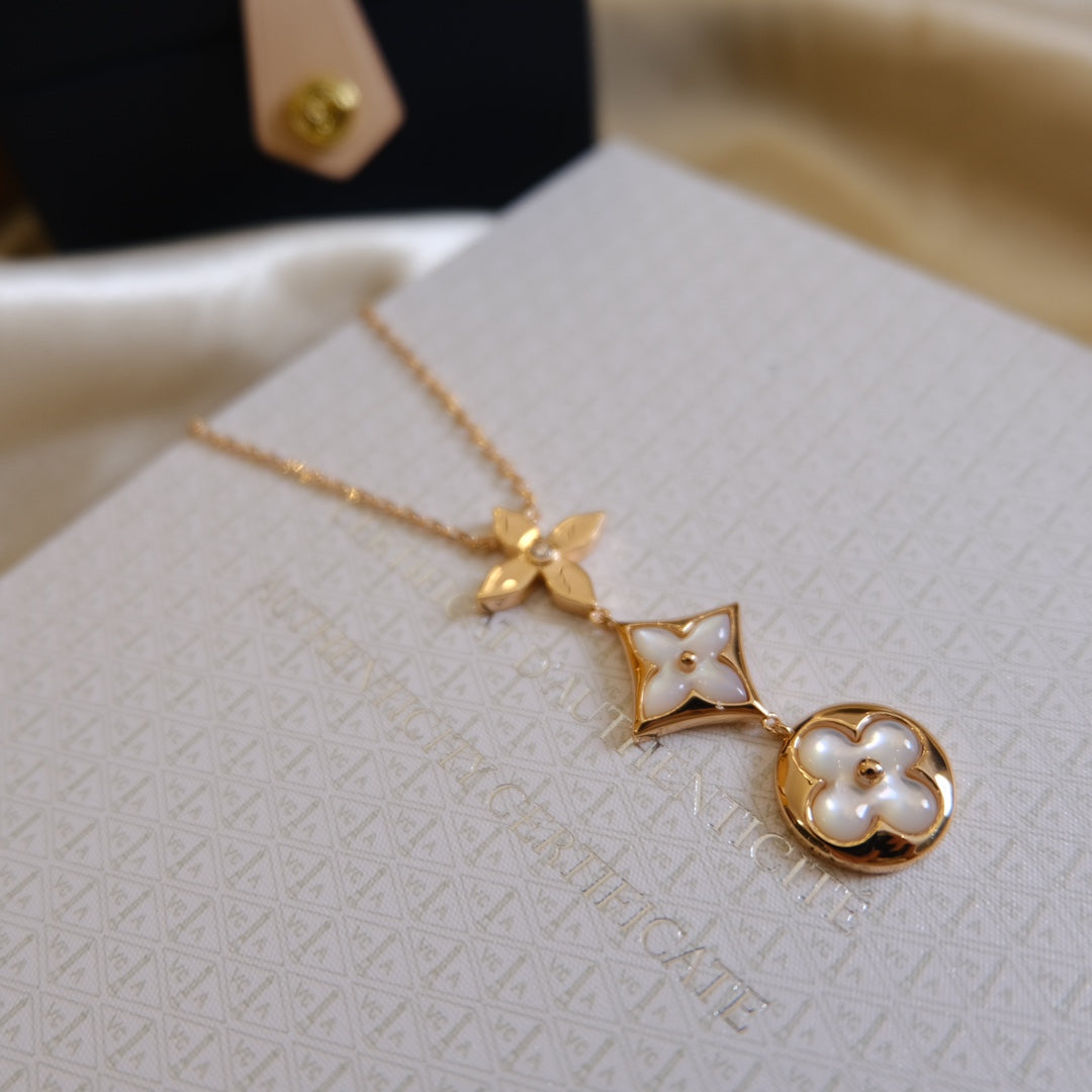 [Olivia JW]COLOR BLOSSOM LARIAT NECKLACE PINK GOLD WHITE MOTHER PEARL AND DIAMOND