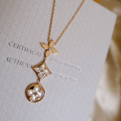 [Olivia JW]COLOR BLOSSOM LARIAT NECKLACE PINK GOLD WHITE MOTHER PEARL AND DIAMOND