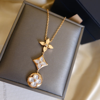 [Olivia JW]COLOR BLOSSOM LARIAT NECKLACE PINK GOLD WHITE MOTHER PEARL AND DIAMOND