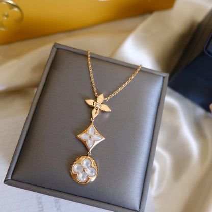 [Olivia JW]COLOR BLOSSOM LARIAT NECKLACE PINK GOLD WHITE MOTHER PEARL AND DIAMOND