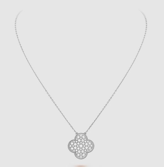 [Olivia JW]CLOVER 25MM LARGE PENDANT DIAMOND PAVED SILVER NECKLACE