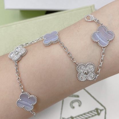 [Olivia JW]CLOVER  5 MOTIF DIAMOND PURPLE CHALCEDONY BRACELET SILVER