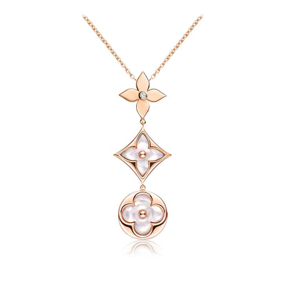 [Olivia JW]COLOR BLOSSOM LARIAT NECKLACE PINK GOLD WHITE MOTHER PEARL AND DIAMOND