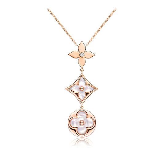 [Olivia JW]COLOR BLOSSOM LARIAT NECKLACE PINK GOLD WHITE MOTHER PEARL AND DIAMOND