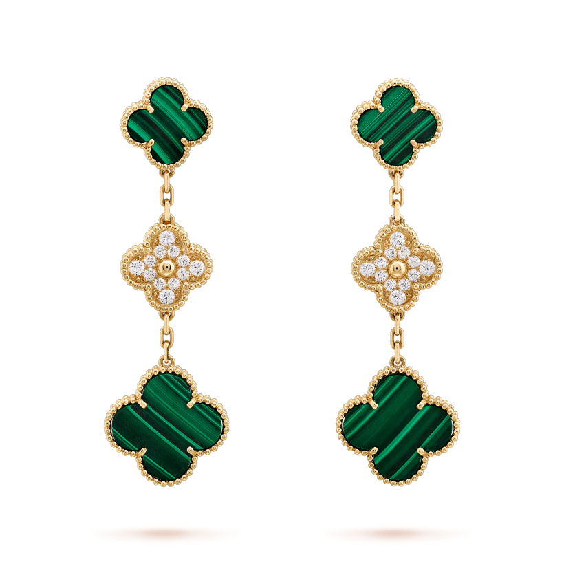 [Olivia JW]CLOVER EARRINGS GOLD MALACHITE DIAMOND 3 MOTIF