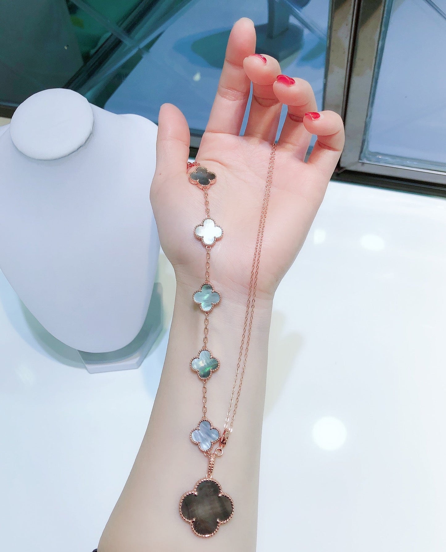 [Olivia JW]COMBINED BRACELET 5 MOTIFS AND NECKLACE DARK MOP ROSE GOLD