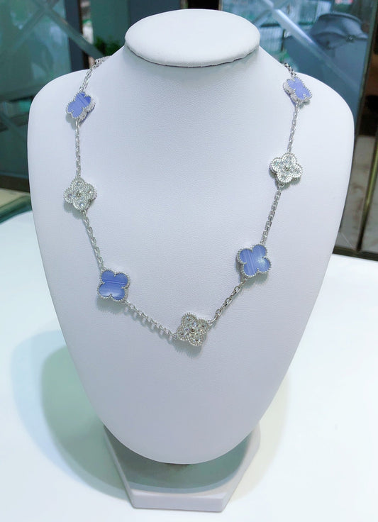 [Olivia JW]CLOVER 10 MOTIFS CHALCEDONY DIAMONDS SILVER NECKLACE
