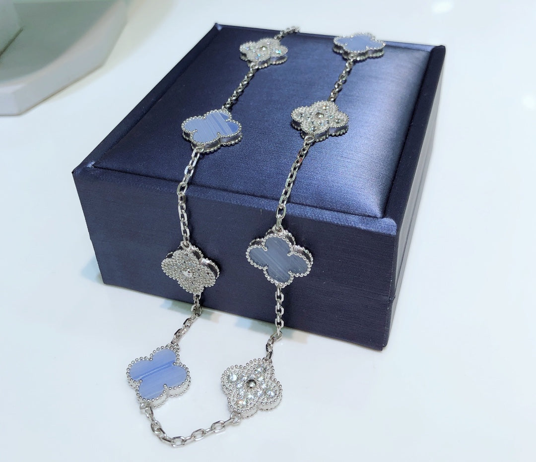 [Olivia JW]CLOVER 10 MOTIFS CHALCEDONY DIAMONDS SILVER NECKLACE