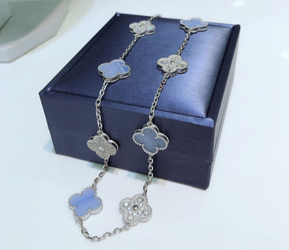 [Olivia JW]CLOVER 10 MOTIFS CHALCEDONY DIAMONDS SILVER NECKLACE