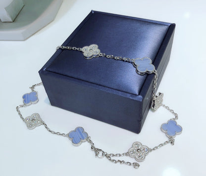 [Olivia JW]CLOVER 10 MOTIFS CHALCEDONY DIAMONDS SILVER NECKLACE