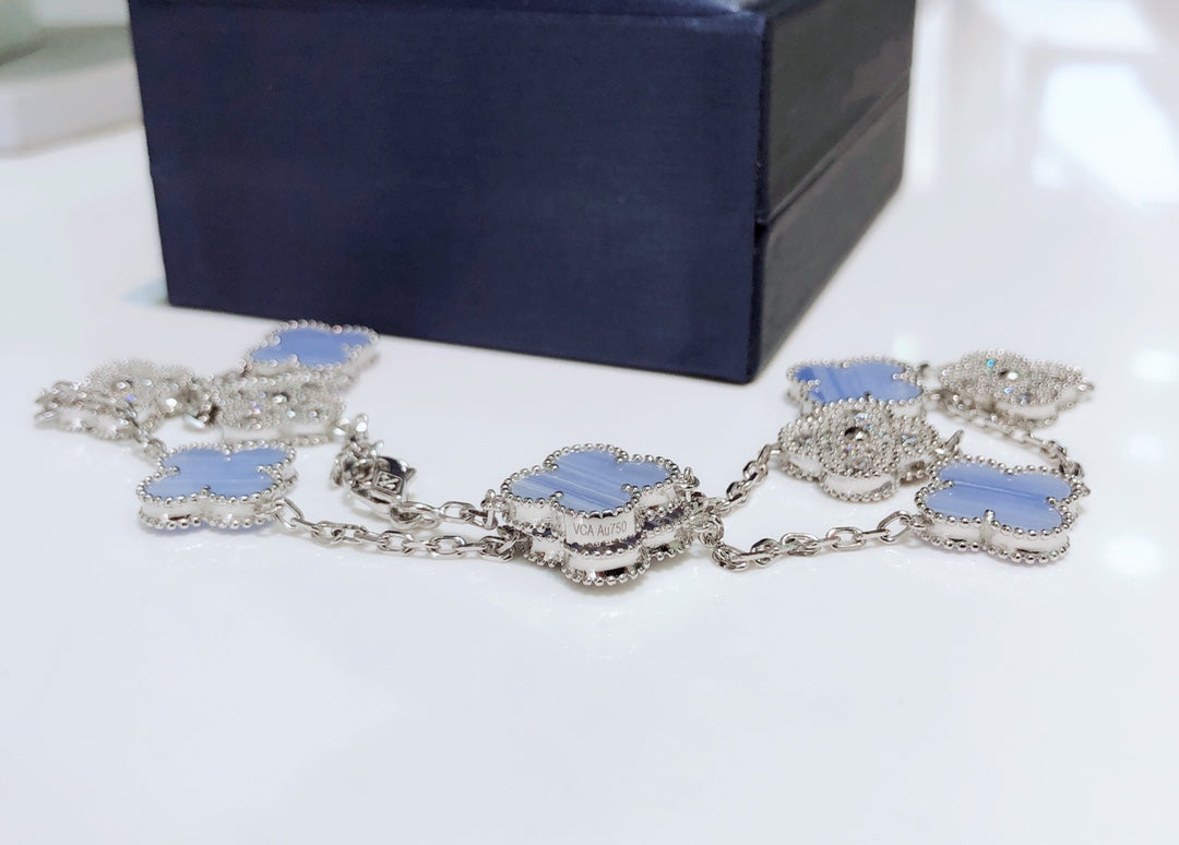 [Olivia JW]CLOVER 10 MOTIFS CHALCEDONY DIAMONDS SILVER NECKLACE