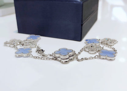 [Olivia JW]CLOVER 10 MOTIFS CHALCEDONY DIAMONDS SILVER NECKLACE