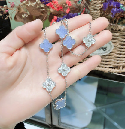 [Olivia JW]CLOVER 10 MOTIFS CHALCEDONY DIAMONDS SILVER NECKLACE