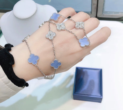 [Olivia JW]CLOVER 10 MOTIFS CHALCEDONY DIAMONDS SILVER NECKLACE