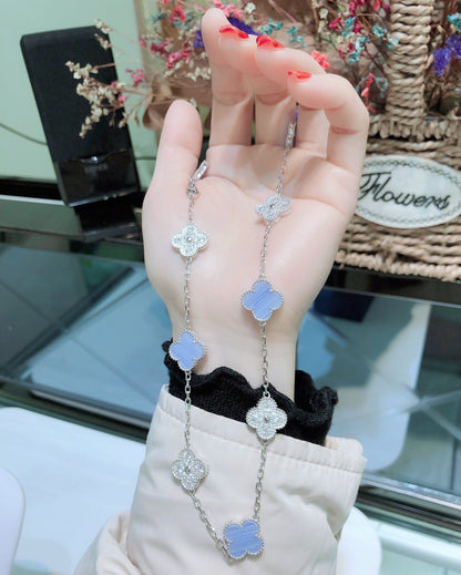[Olivia JW]CLOVER 10 MOTIFS CHALCEDONY DIAMONDS SILVER NECKLACE